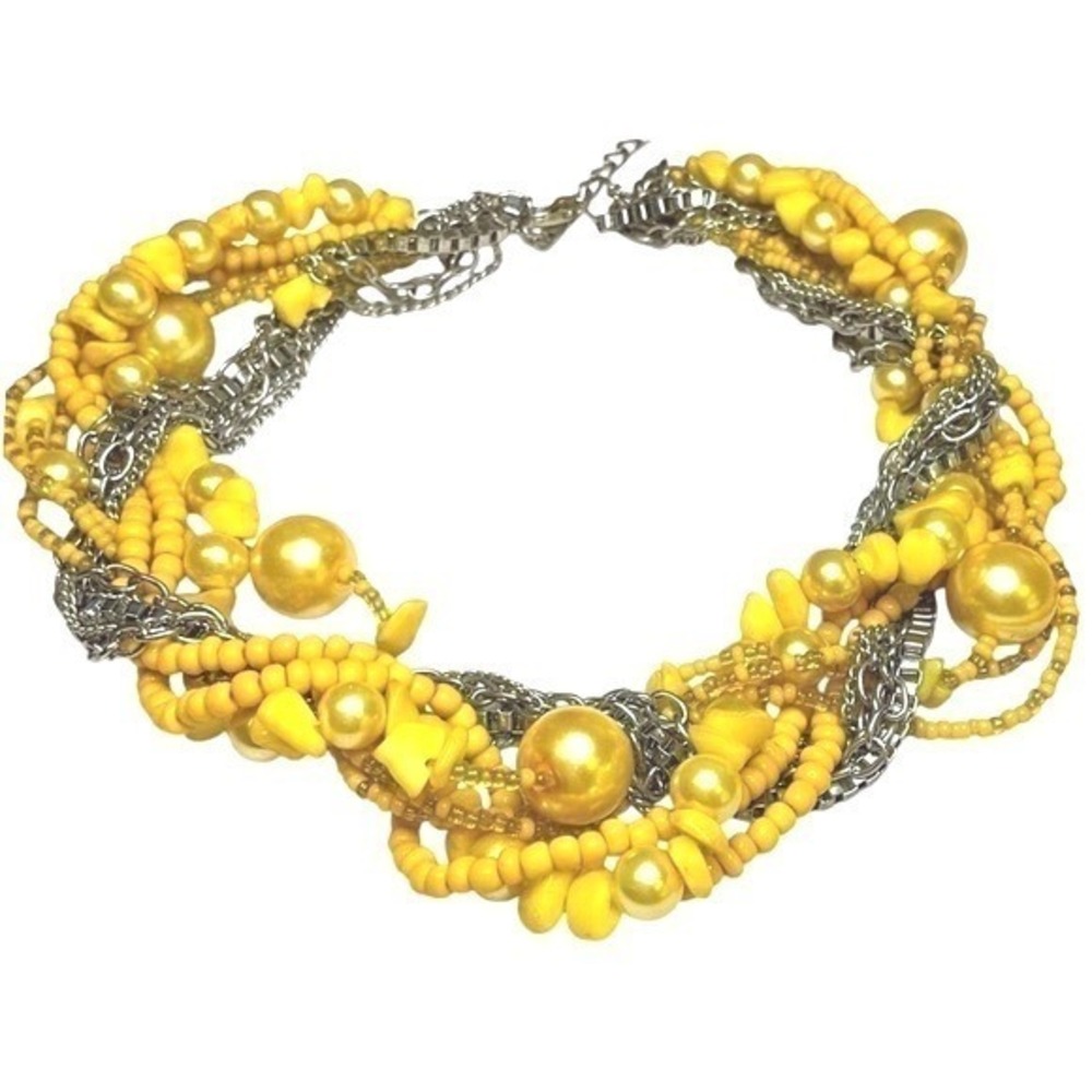 Vintage Yellow‎ Multi Strand Beaded Necklace Bold Statement Jewelry Boho